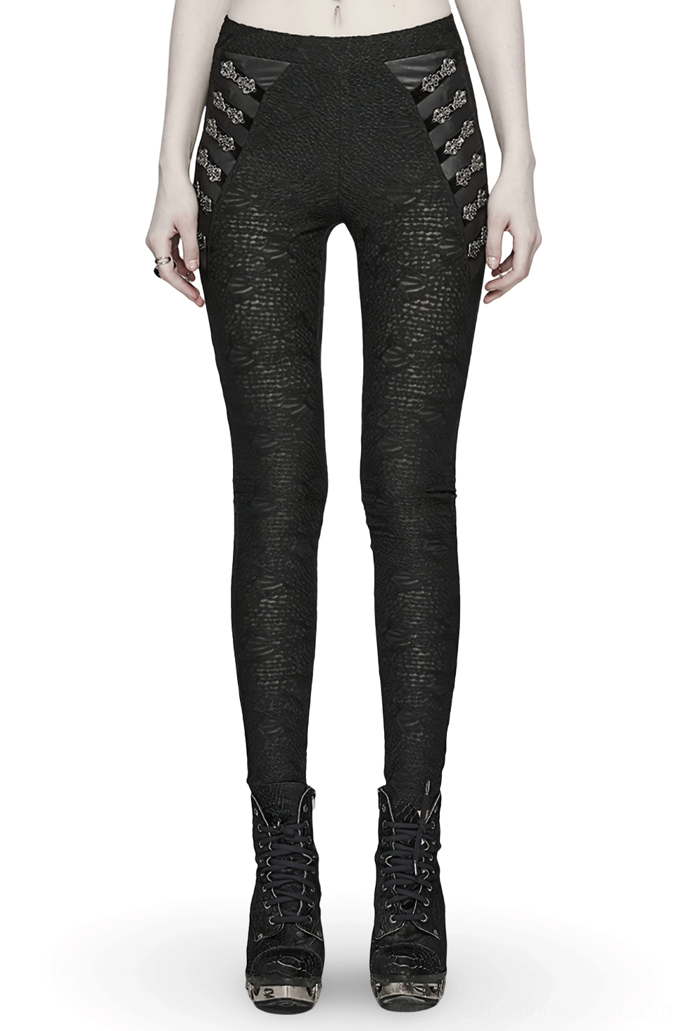 Black lace skull gothic leggings with ornate metal waist buckles, front view on model, featuring intricate embossed lace texture