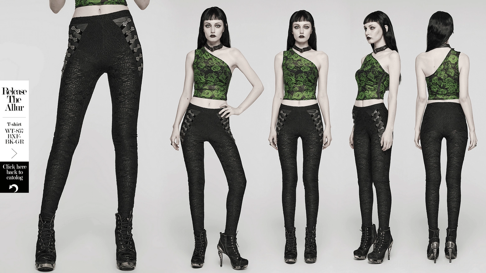 Black lace skull gothic leggings product overview showing complete design with embossed texture and metal buckle details
