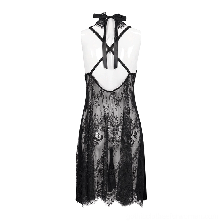 Black sheer lace slip dress back view - full back panel detail on display