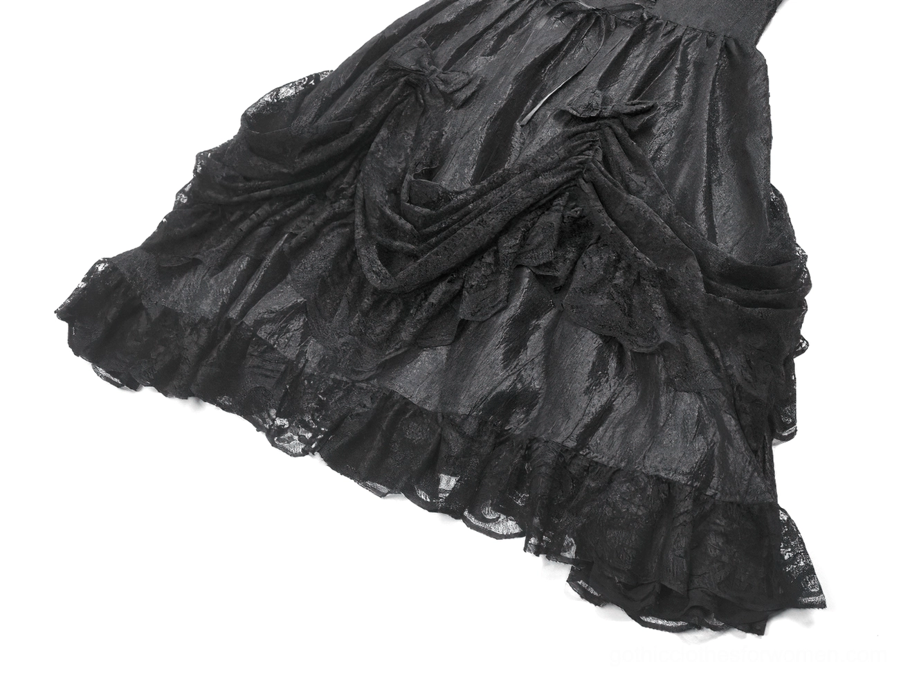 Black gothic corset slip dress fabric texture and lace composition detail showing premium polyester material