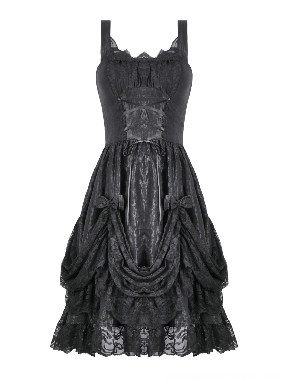 Black gothic slip dress flat display showing corset bodice with bow accents and draped ruffled skirt detail