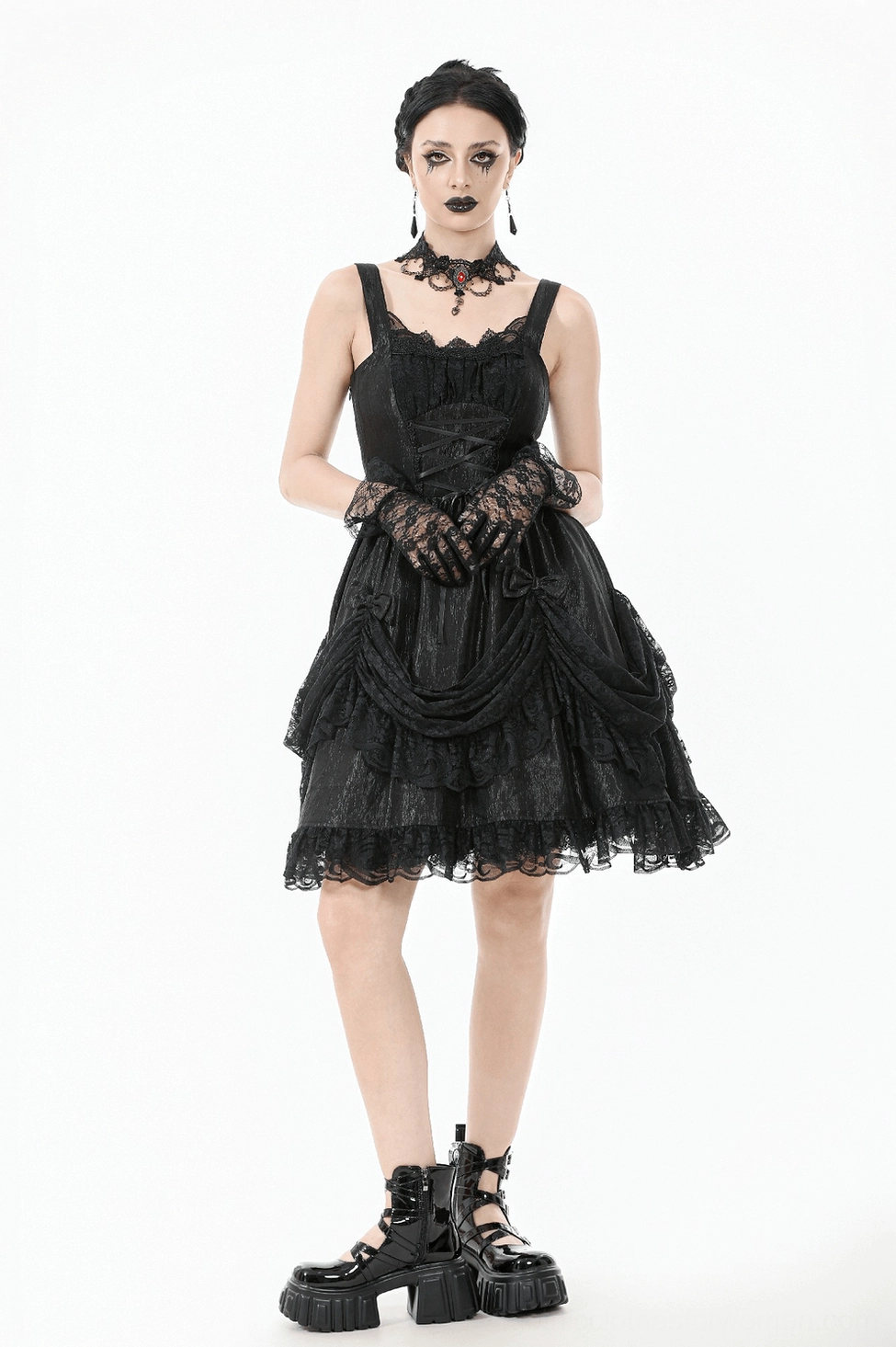Black gothic lace slip dress full front view on model with complete styling including platform boots, lace gloves and choker