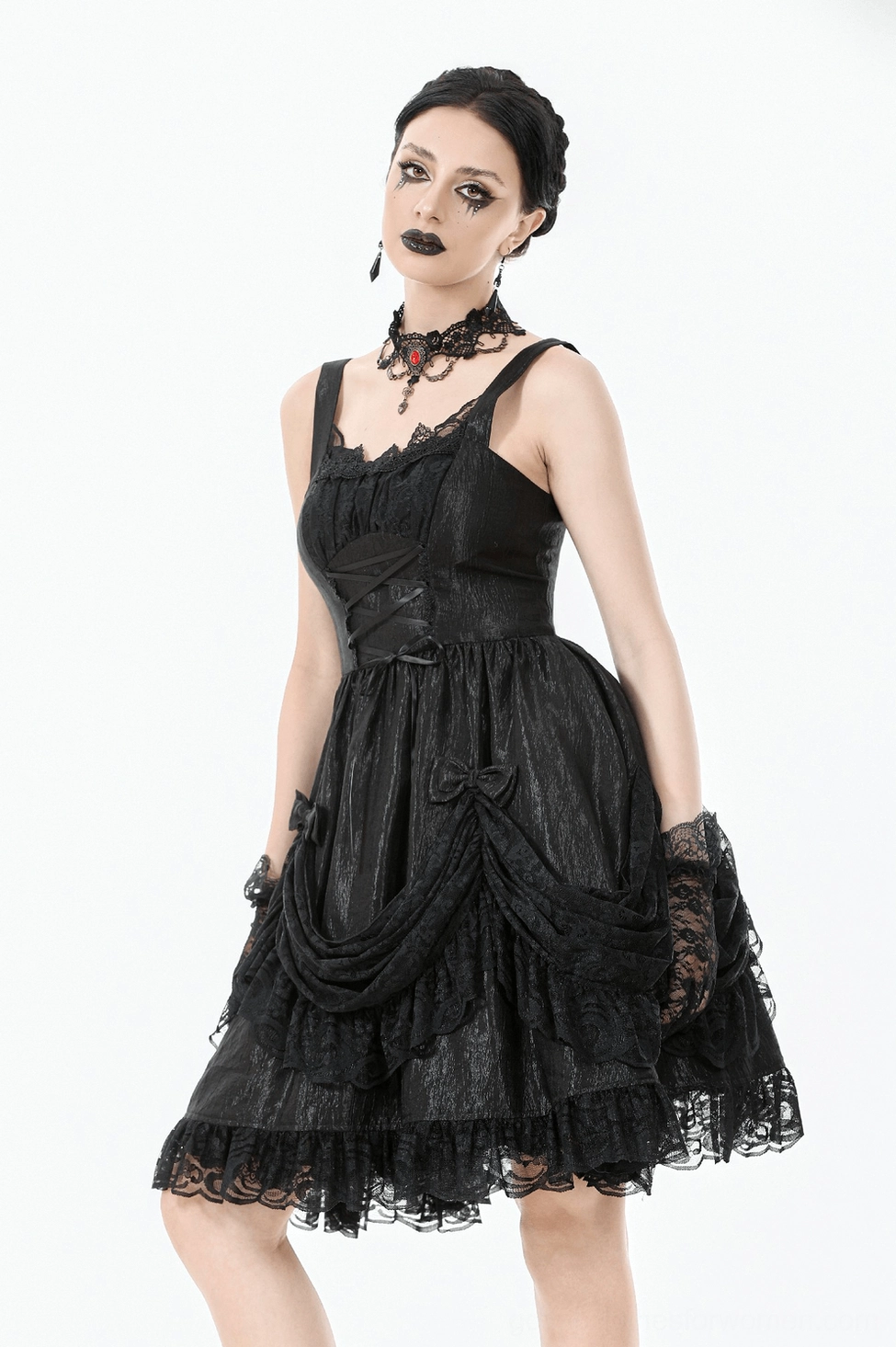 Black gothic lace slip dress side view worn by model with lace choker and lace gloves styling