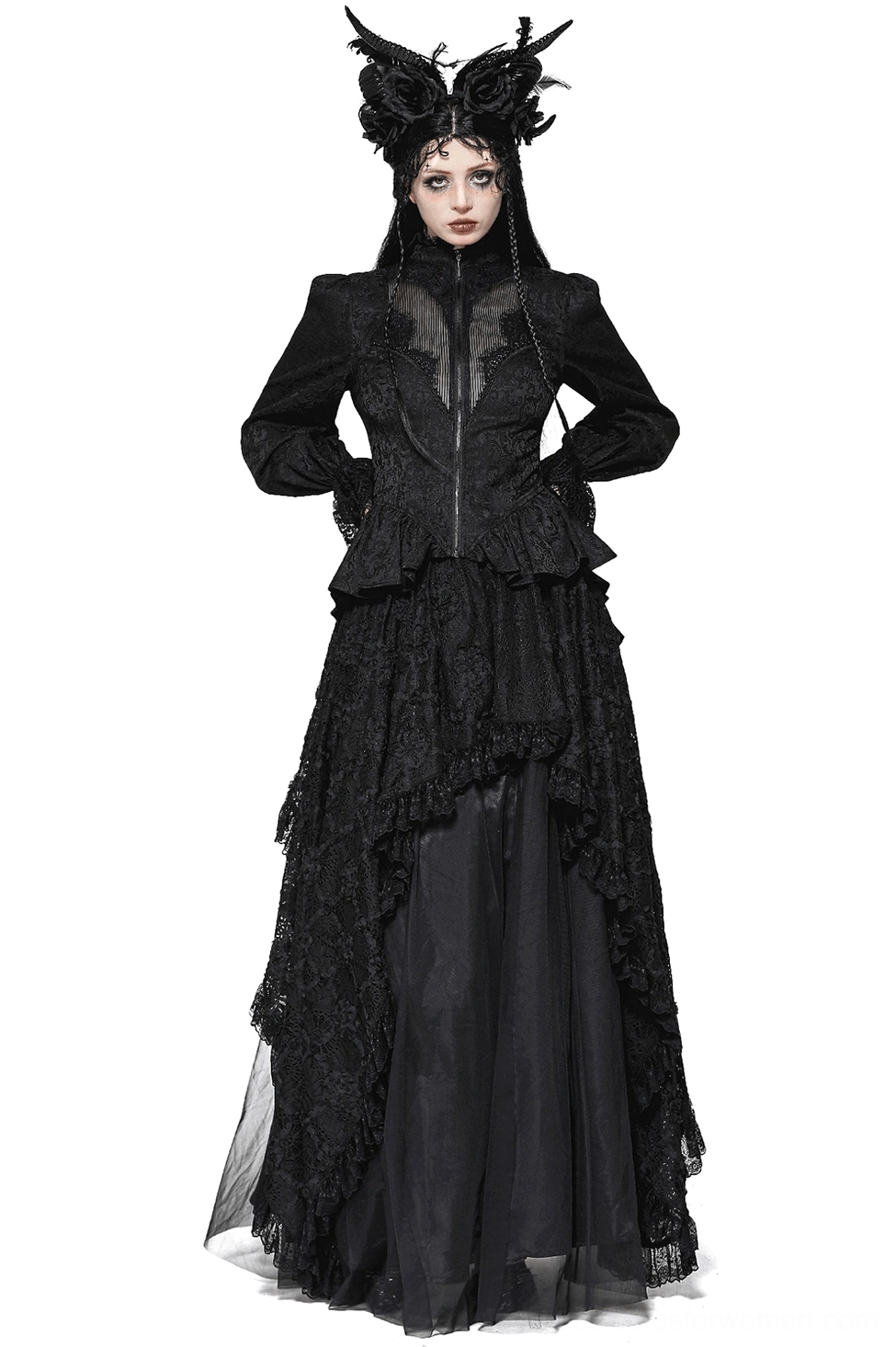 Black high-low lace tailcoat with sheer puffed sleeves and corset waist, full front view on model