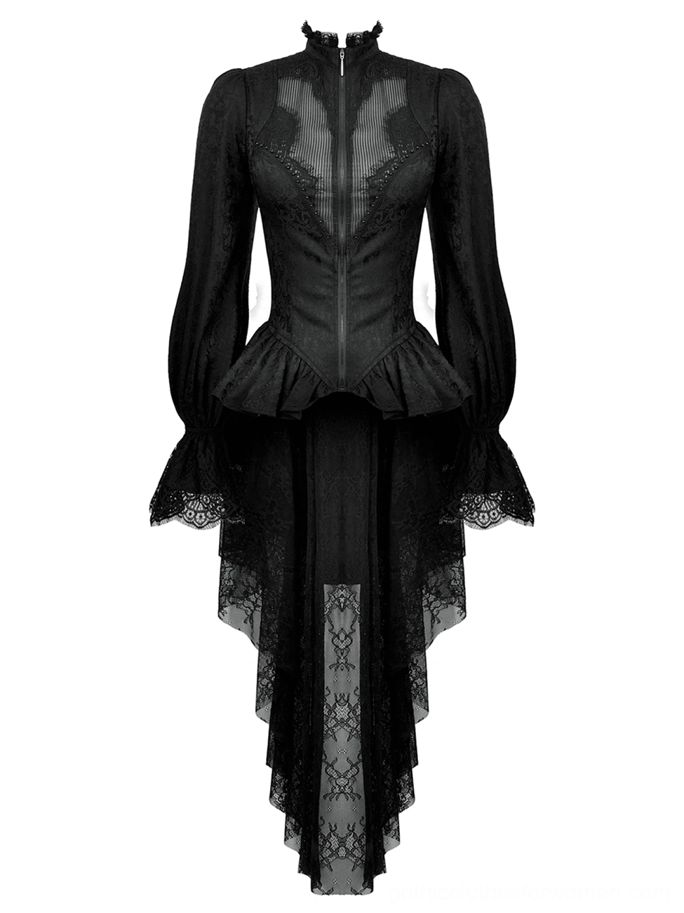 Black lace tailcoat with puffed sleeves and peplum overlay waist detail, alternative fashion formal wear