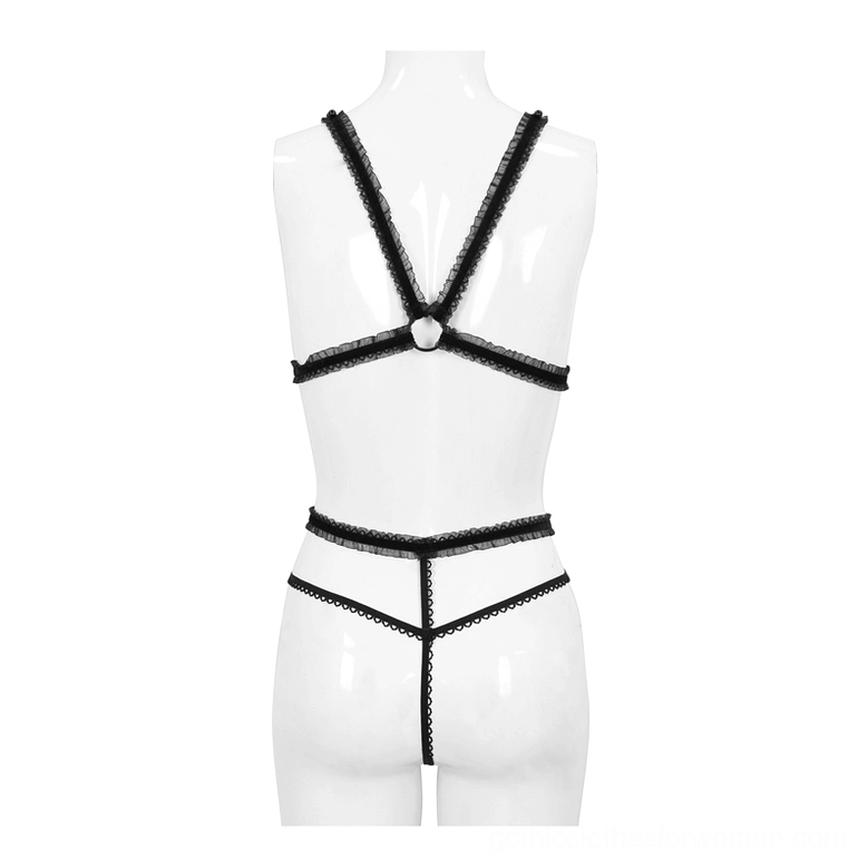 Black lace lingerie thong rear view on dress form, showing Y-back strap configuration with center ring and strappy waistband