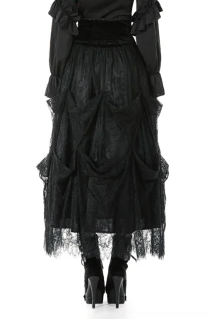 Black gothic long skirt back view displaying smocked high waist and draped lace layering design on female model