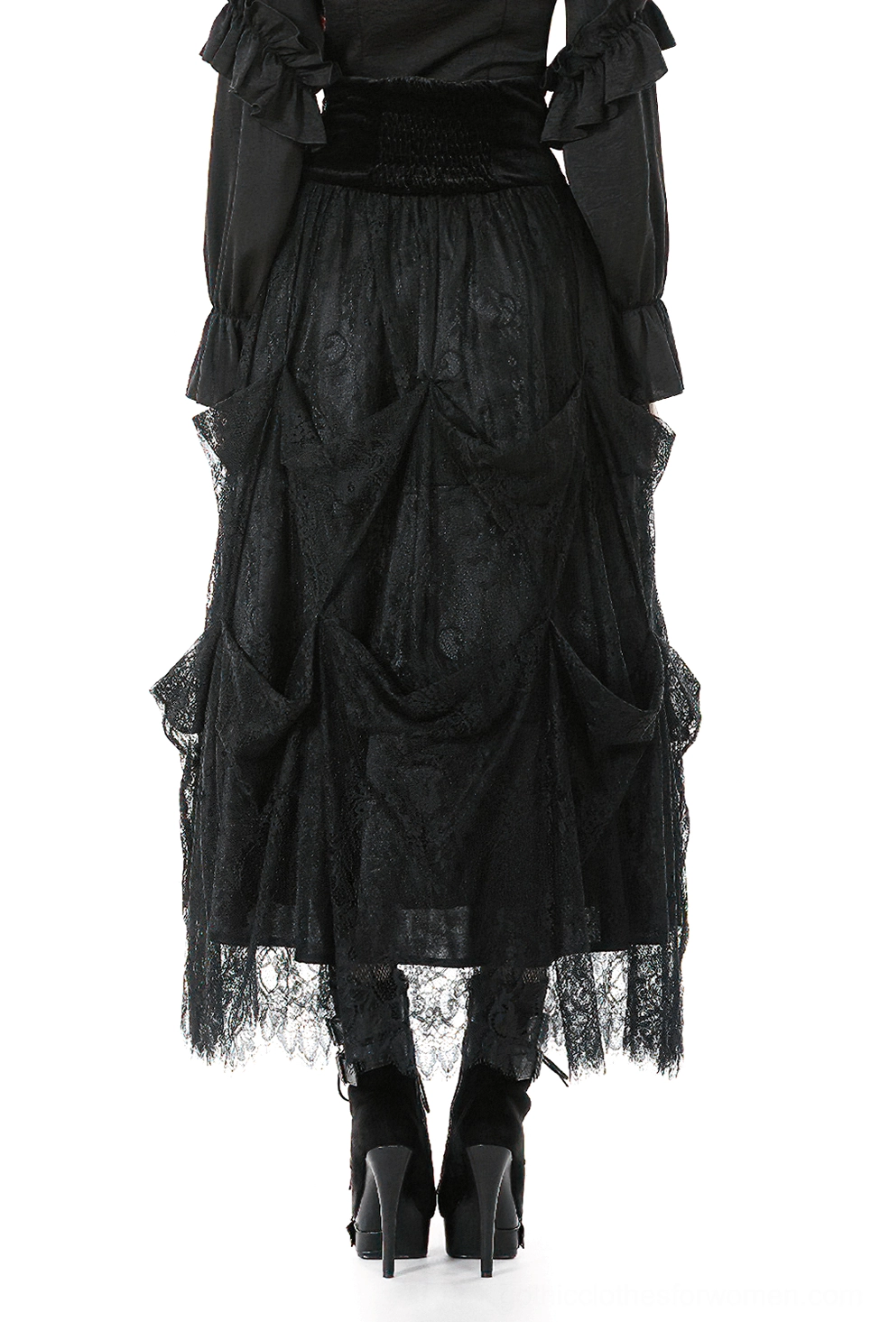 Black gothic long skirt back view displaying smocked high waist and draped lace layering design on female model