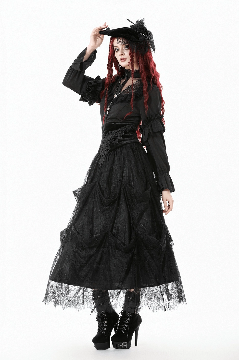 Black lace tiered maxi skirt close-up showing intricate lace paneling and romantic gothic details from alternative angle
