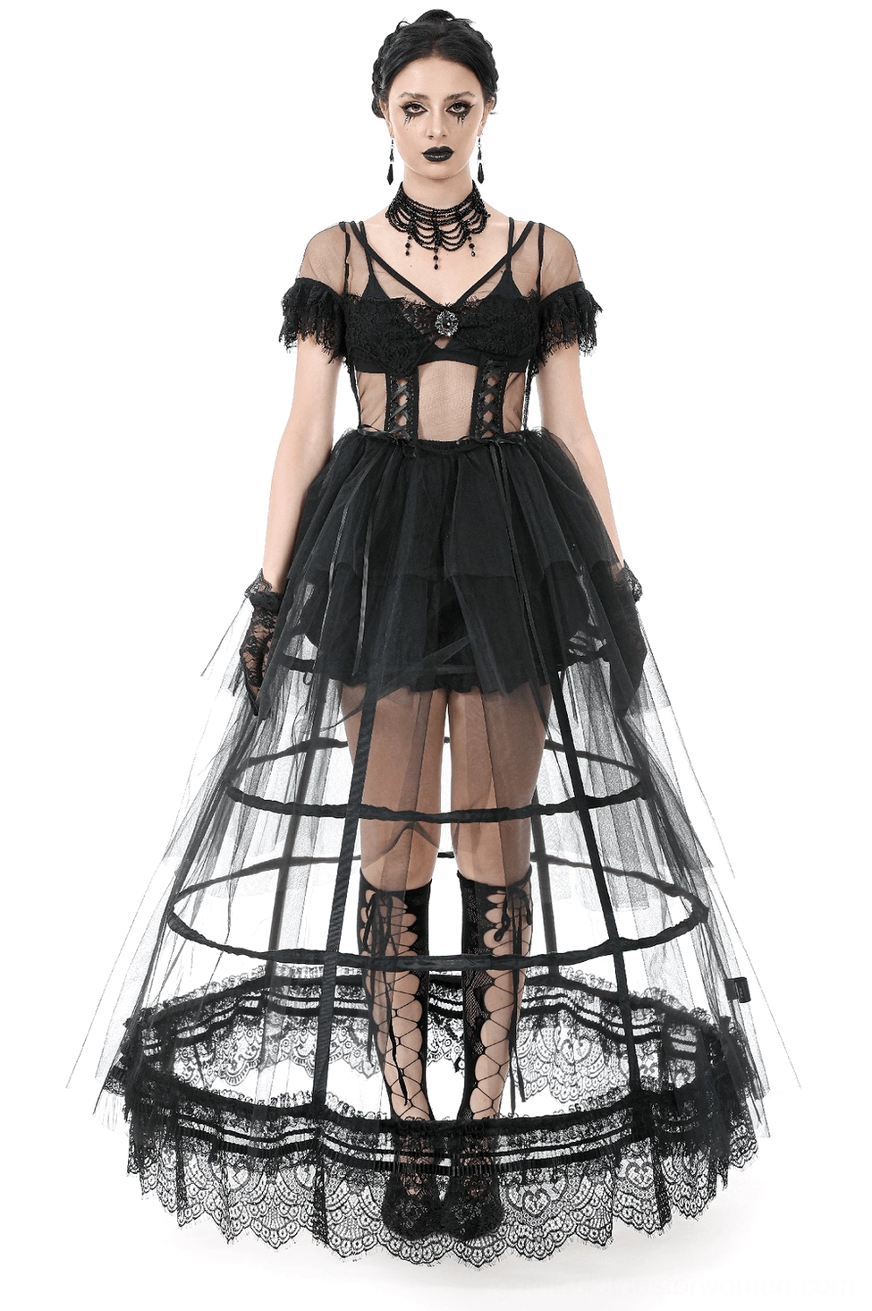 Black lace tulle gothic maxi dress front view on model showing off-shoulder ruffled neckline and tiered tulle skirt