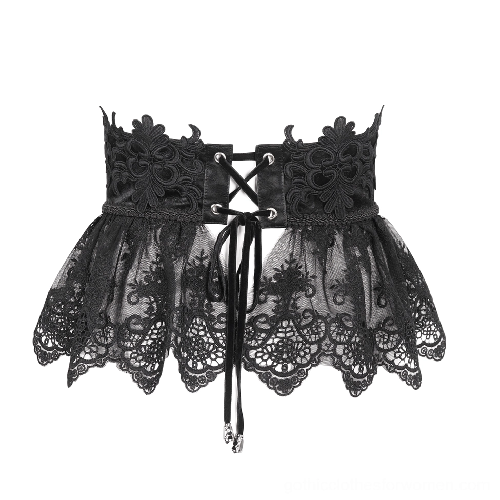 Back flat lay view of black underbust lace corset with peplum showing velvet lace-up ties and sheer mesh fabric construction
