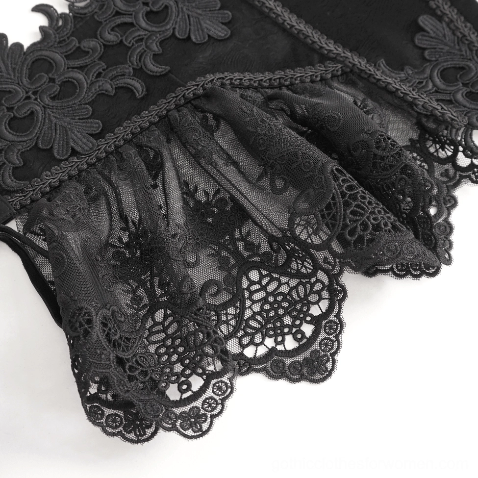 Gothic black lace underbust corset highlighting the delicate scalloped lace trim and structured boning construction