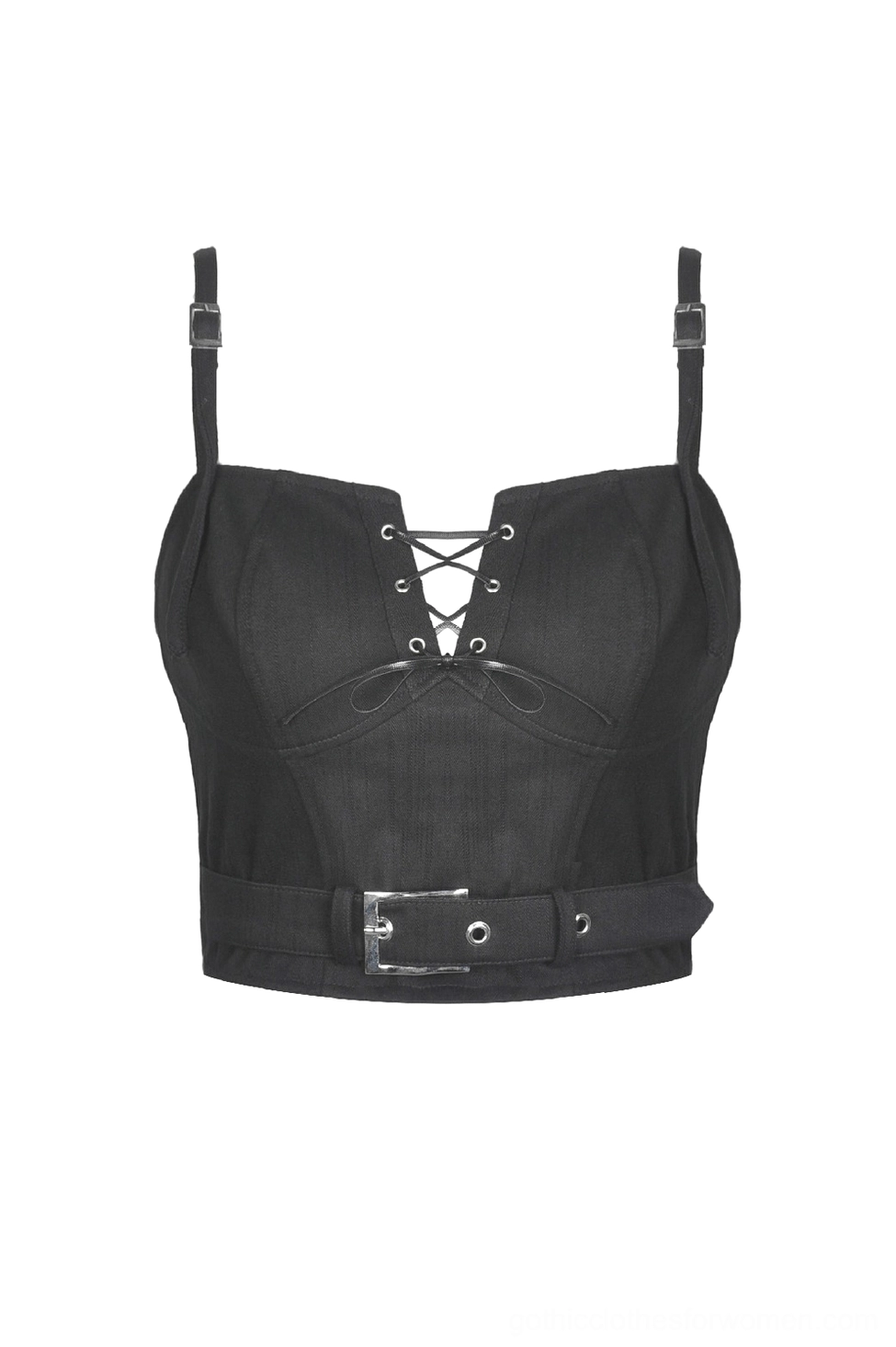 Flat lay of black lace-up crop corset showing spaghetti straps and metal hardware details