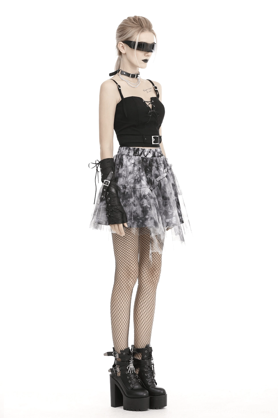 Full-body styling shot of black lace-up crop corset with layered accessories and gothic aesthetic