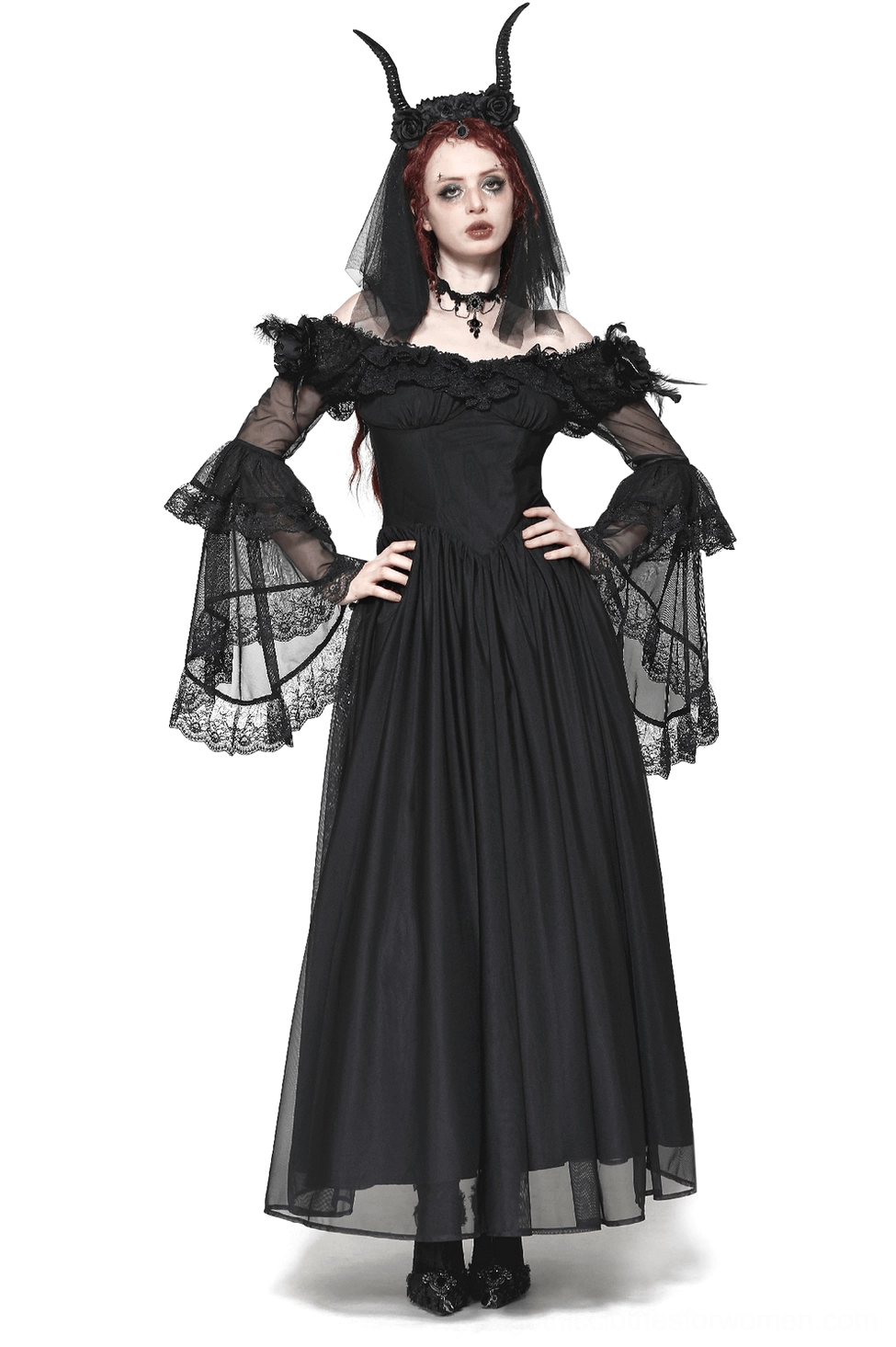 Black lace-up corset gothic maxi dress with off-shoulder bell sleeves, feathered shoulder details, and tulle overlay - front view on model
