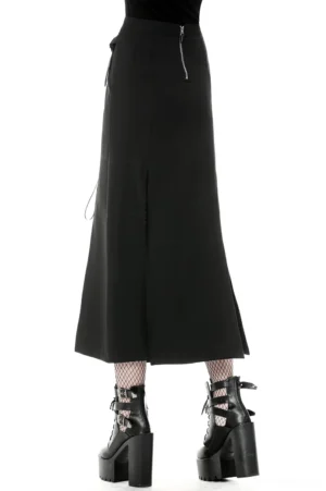 Back view of black asymmetrical gothic maxi skirt with metal eyelets, showing concealed zipper closure and smooth back profile
