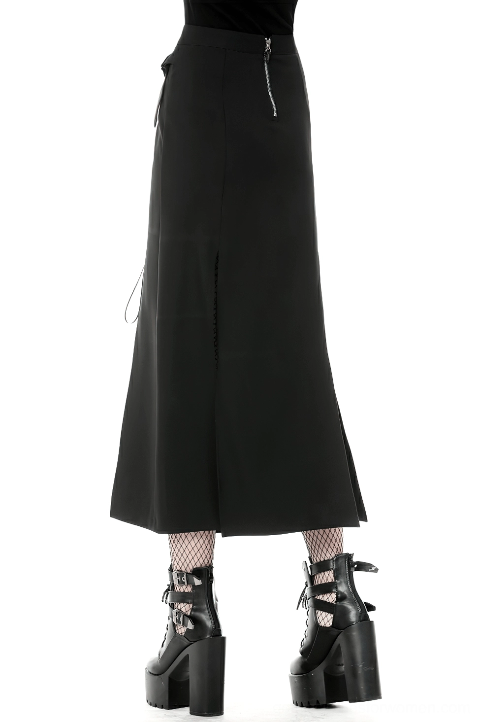 Back view of black asymmetrical gothic maxi skirt with metal eyelets, showing concealed zipper closure and smooth back profile
