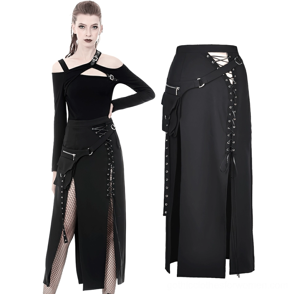 Black gothic lace-up maxi skirt detailed display showing front profile, high side slit, metal eyelet lacing, and functional cargo pocket design