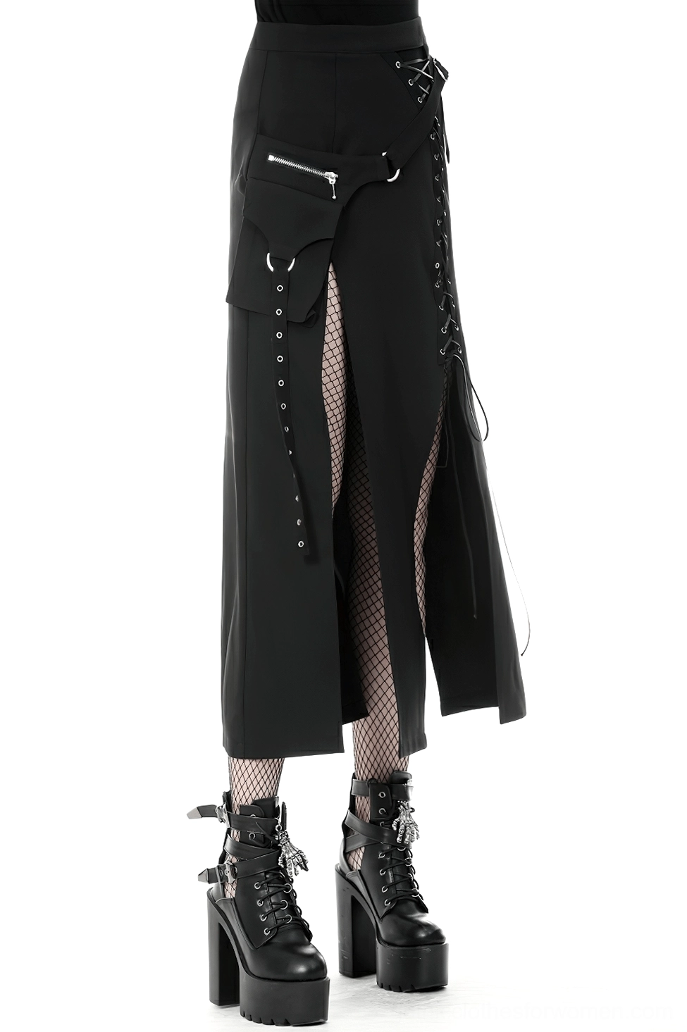Model wearing black lace-up eyelet gothic maxi skirt showcasing how adjustable lacing creates customizable fit and silhouette