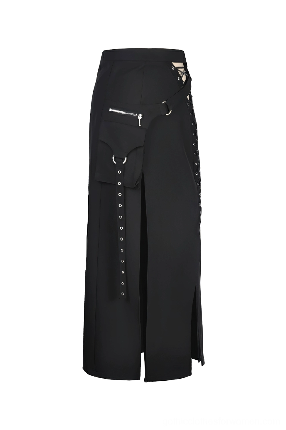 Three-quarter angle flat lay of black gothic maxi skirt highlighting large functional cargo pouch, metal eyelet trim, and asymmetrical hem design