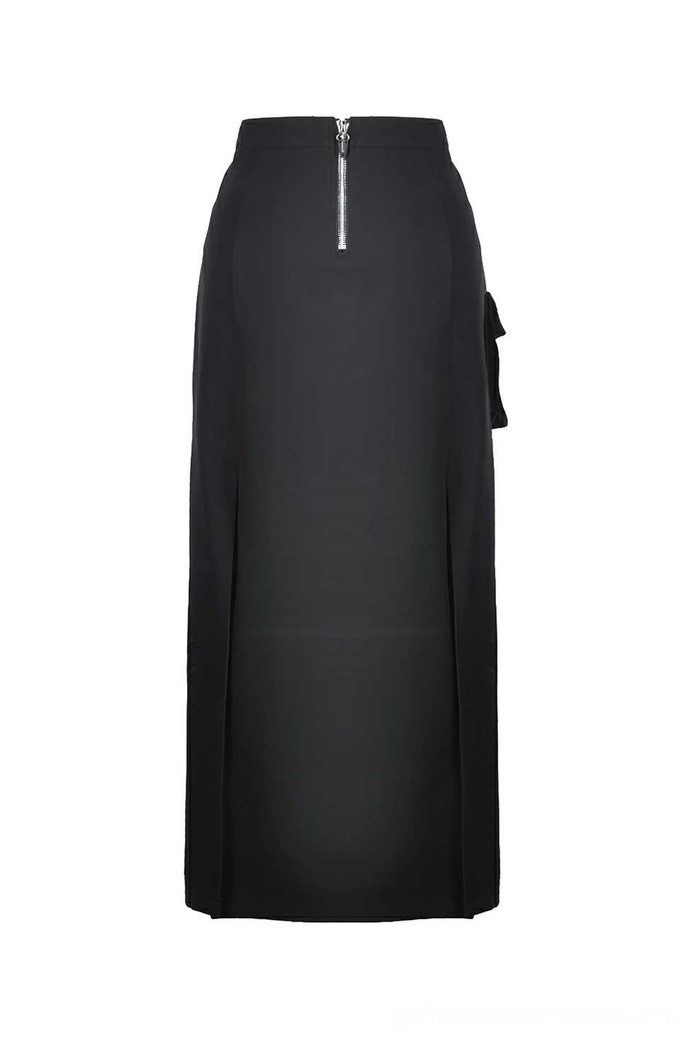 Back flat lay of black gothic lace-up maxi skirt showing exposed zipper closure, side split design, and overall back silhouette