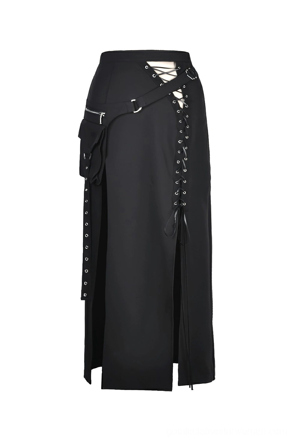 Flat lay front view of black asymmetrical gothic skirt displaying metal eyelet lace-up sides, zippered cargo pocket, and maxi silhouette