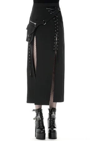 Black gothic lace-up metal eyelet maxi skirt with asymmetrical high-low hem, front full view on model showcasing side split and cargo pockets