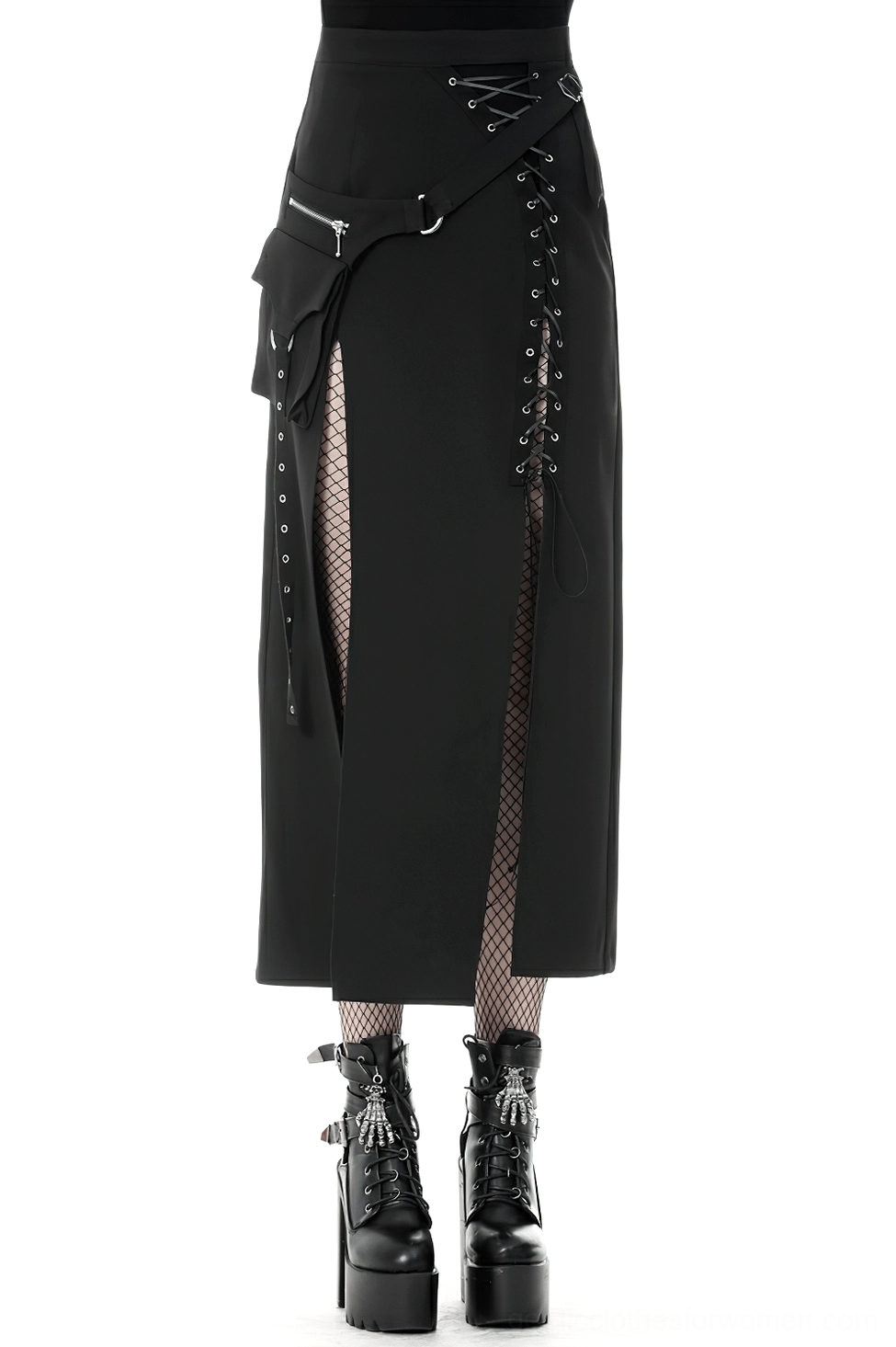 Black gothic lace-up metal eyelet maxi skirt with asymmetrical high-low hem, front full view on model showcasing side split and cargo pockets