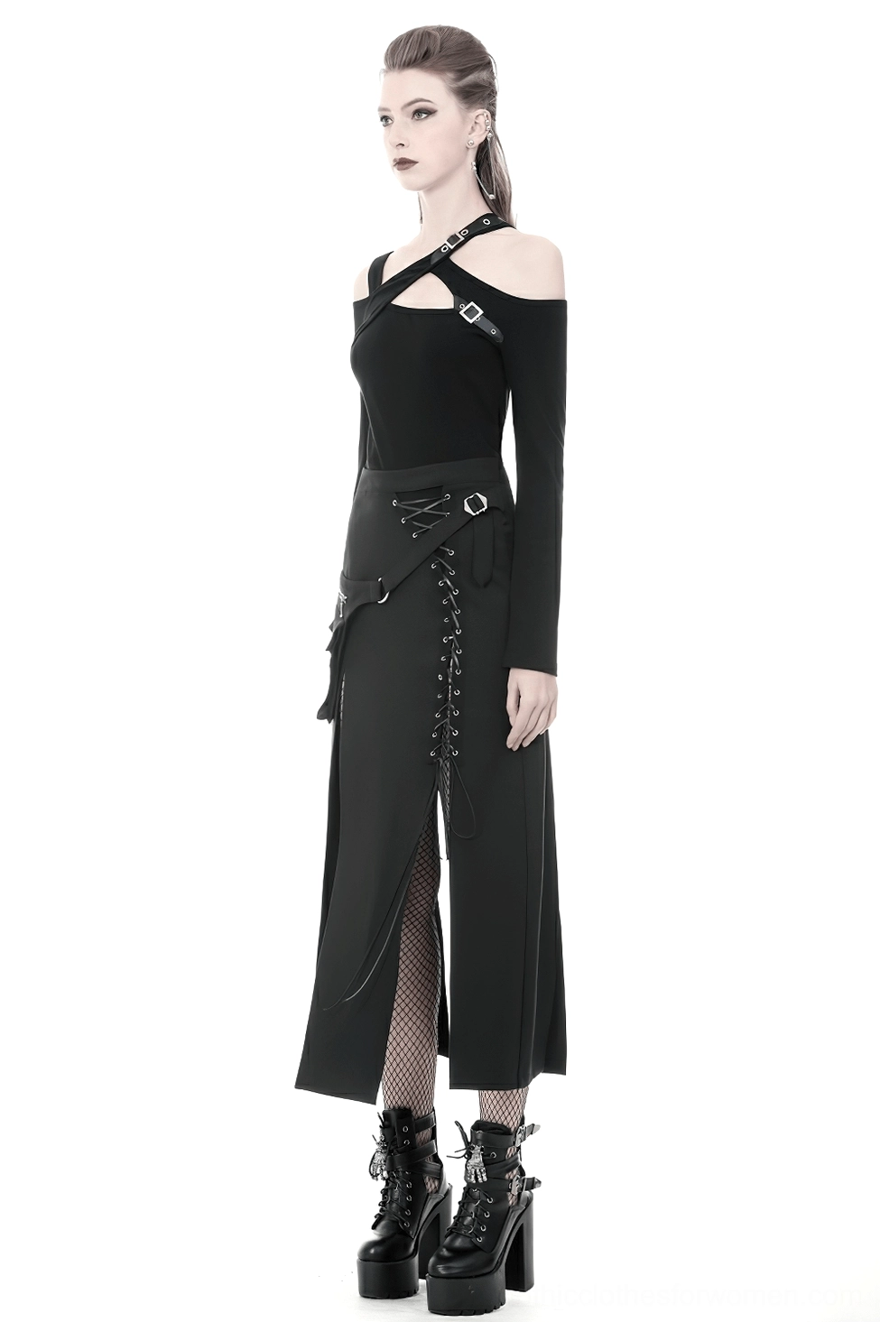 Full length side view of black lace-up metal eyelet gothic maxi skirt showing asymmetrical hem, lacing detail, and overall proportions