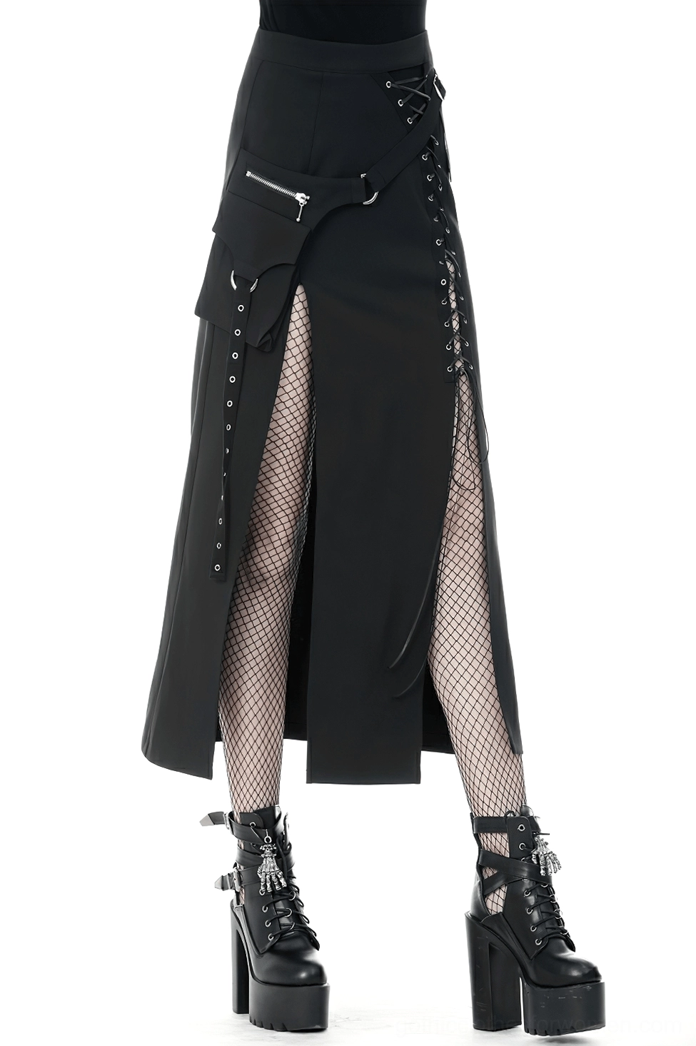 Alternative angle of black gothic lace-up maxi skirt with asymmetrical hem, metal eyelets, and high side slit on model