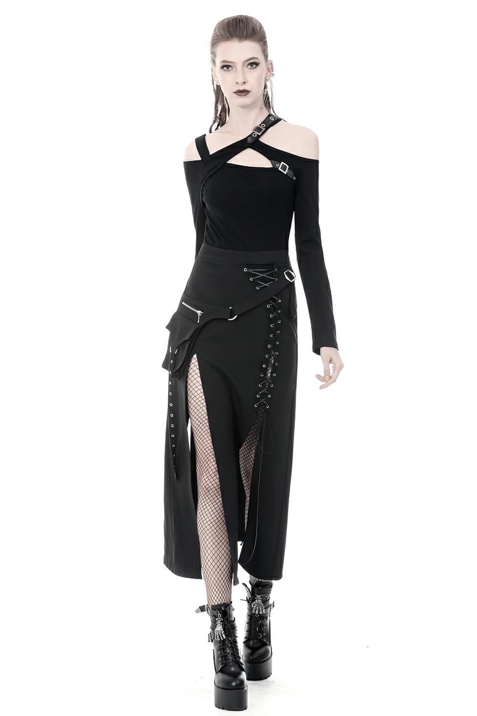 Side pocket detail of black gothic maxi skirt displaying cargo pouch design with metal hardware and practical functionality