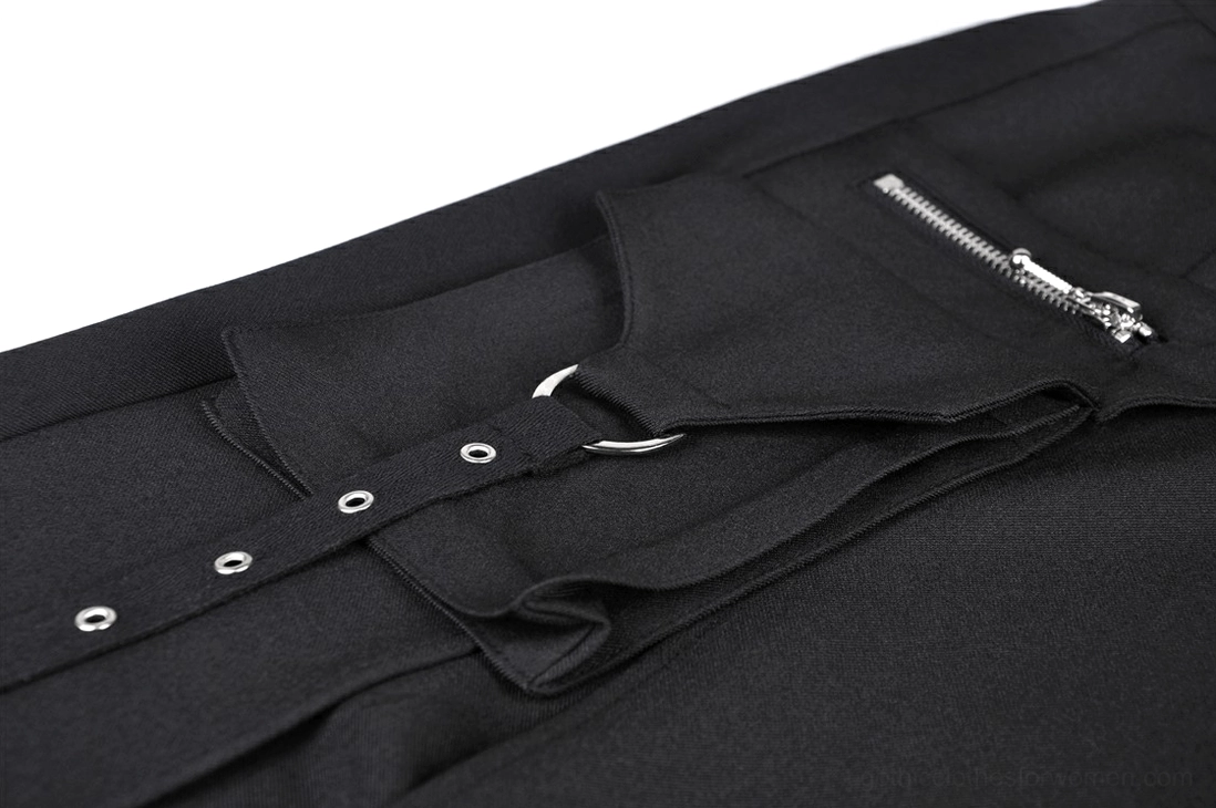 Close-up flat view of cargo pocket hardware featuring silver metal zipper and eyelet strap accents on black gothic maxi skirt