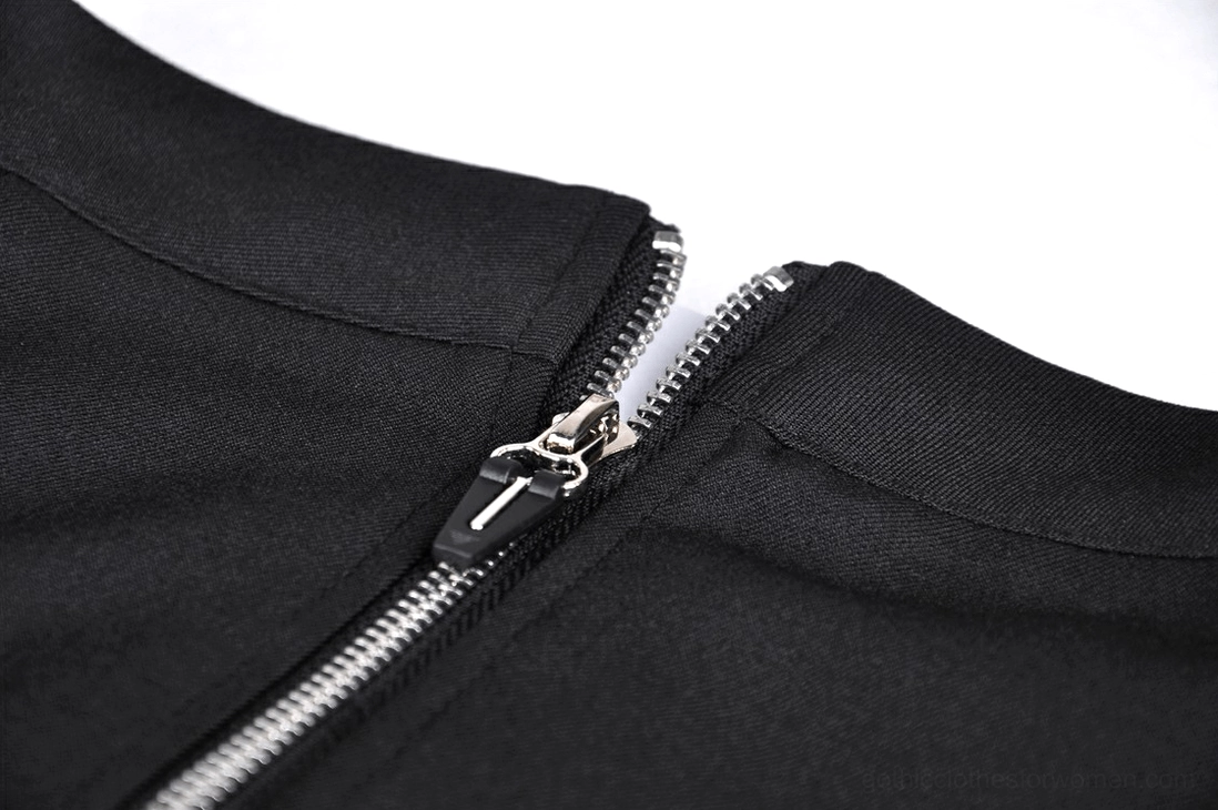 Side profile detail of black lace-up gothic maxi skirt showing metal eyelet lacing, high slit design, and fabric texture