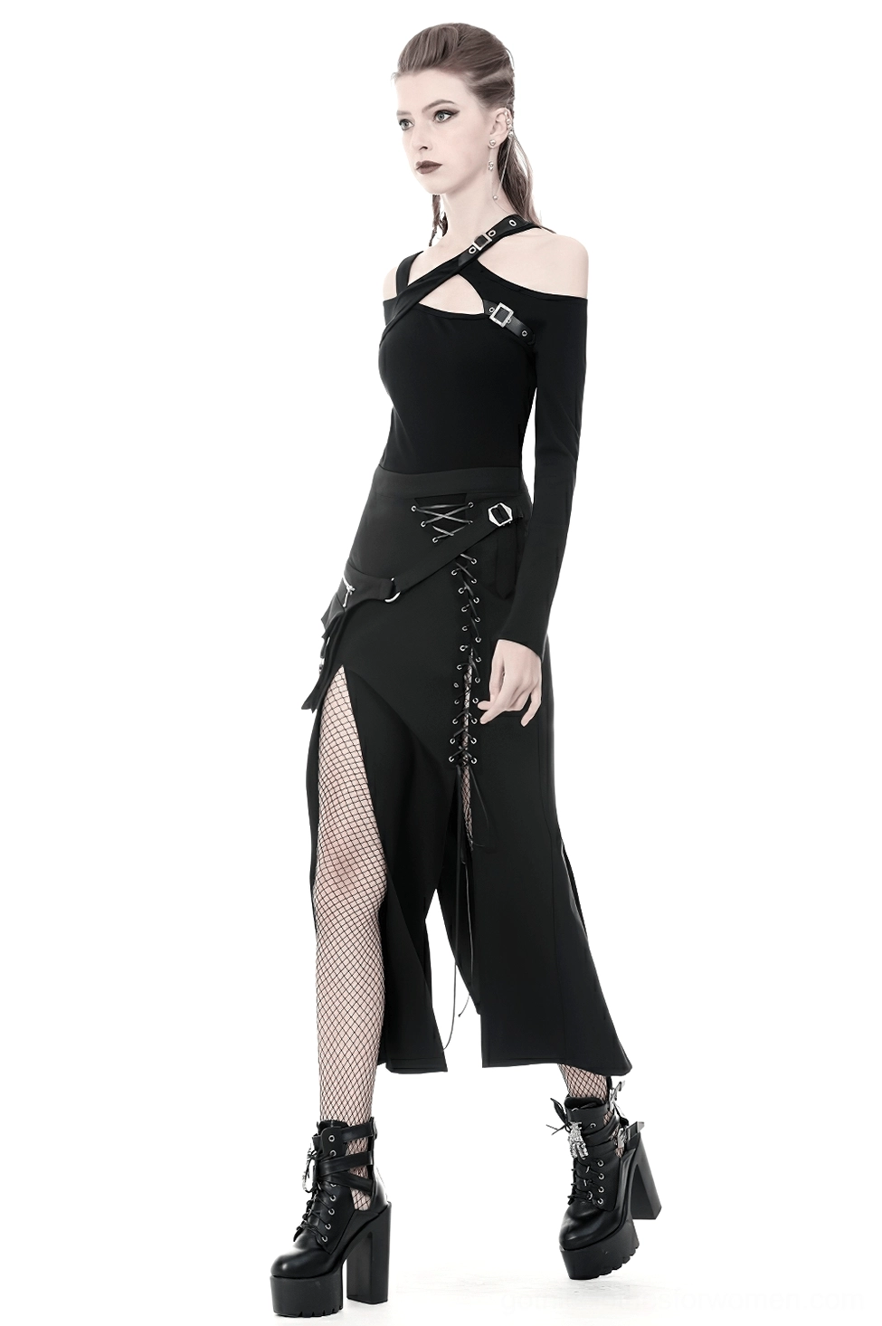 Lower body view of black asymmetrical gothic lace-up maxi skirt emphasizing high side split and flowing maxi length silhouette