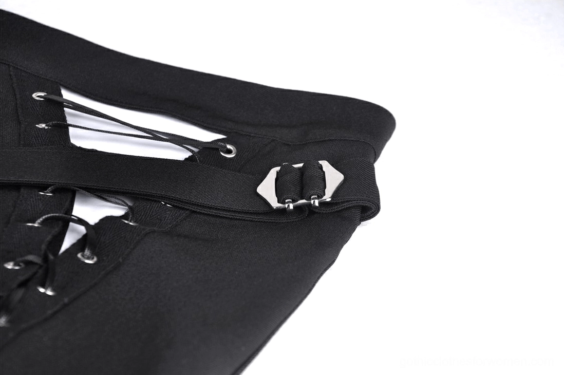 Macro view of adjustable waist strap fastener showing silver metal buckles and lace design for customizable fit of gothic skirt