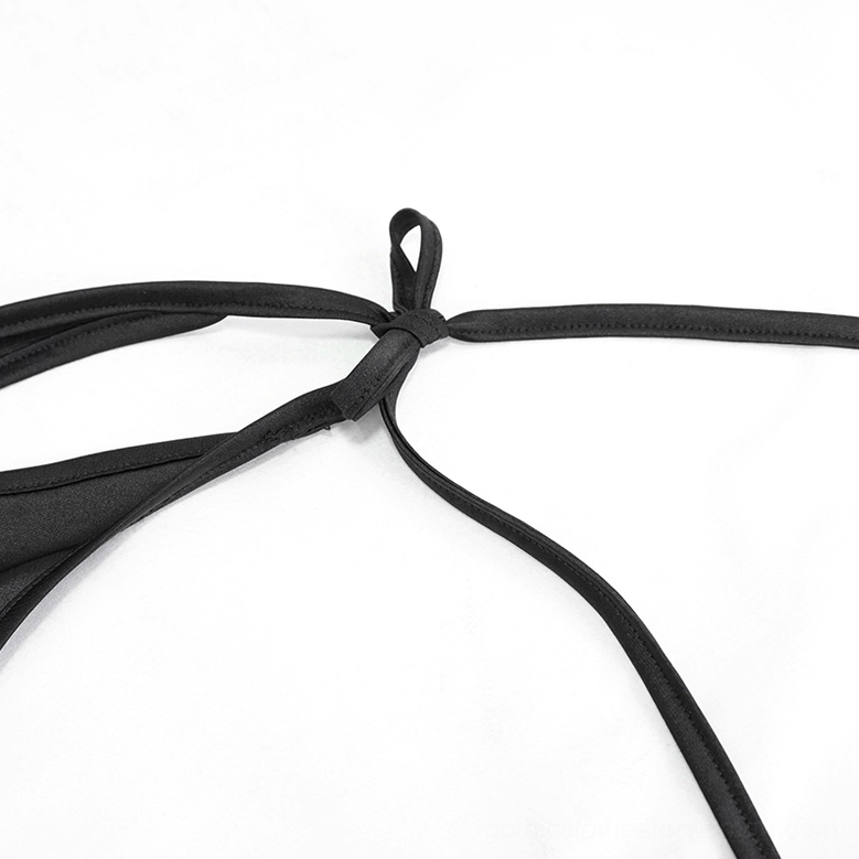 Full product view of black lace-up gothic bikini bottoms featuring dual corset lacing and tie ribbons