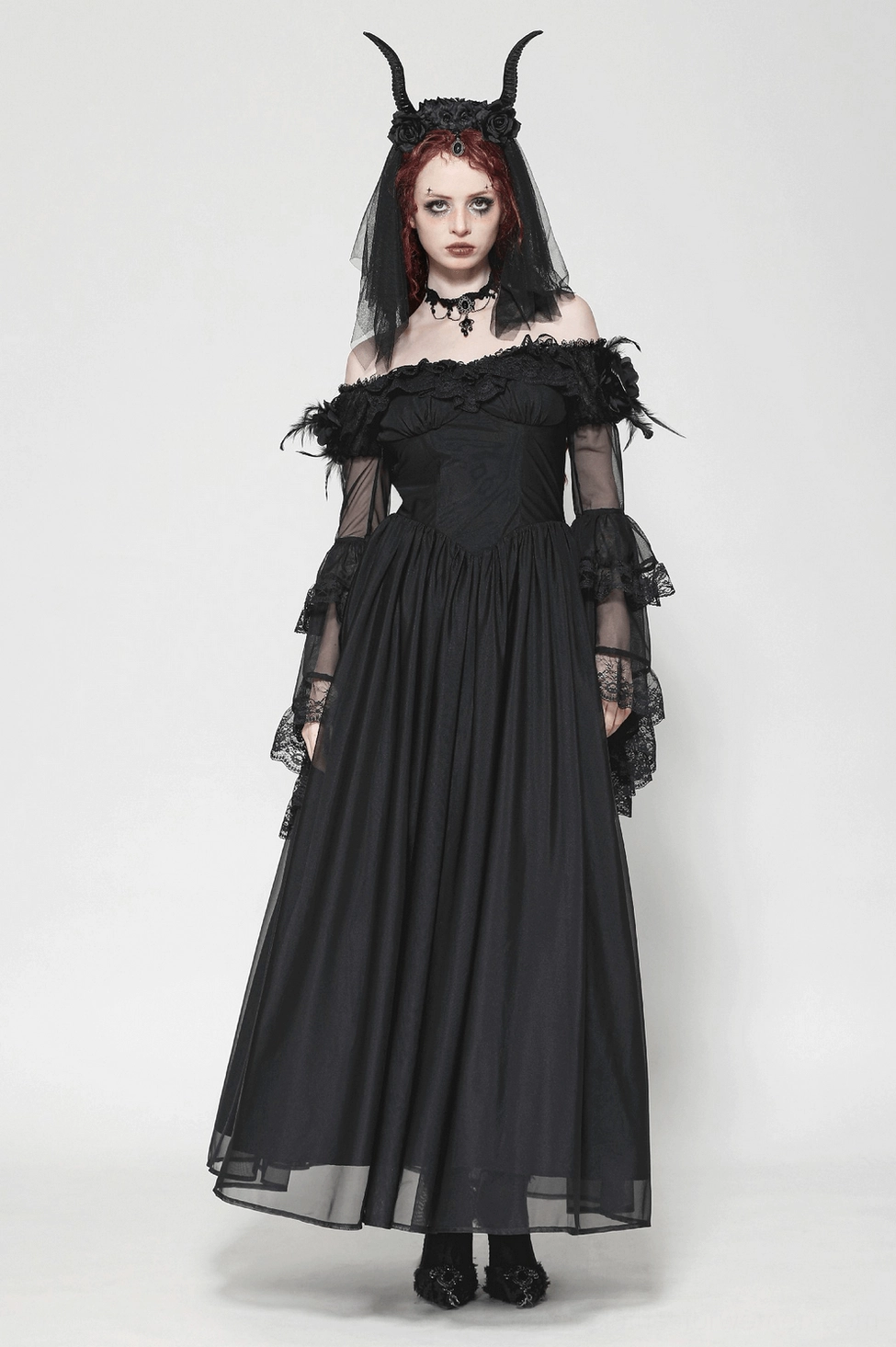 Black lace-up corset gothic maxi dress with dramatic off-shoulder sleeves and feathered shoulders - full outfit styling