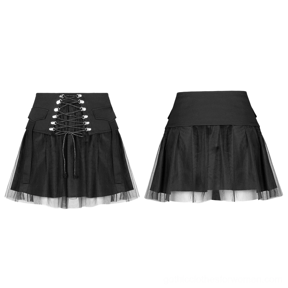 Black gothic lace-up mini skirt flat lay dual angle view displaying front lacing and layered mesh hem details