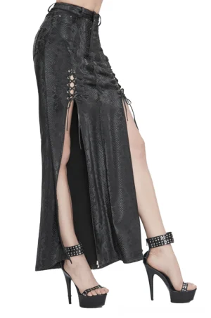 Black lace-up gothic maxi skirt with side slit and snake pattern leather - left side view