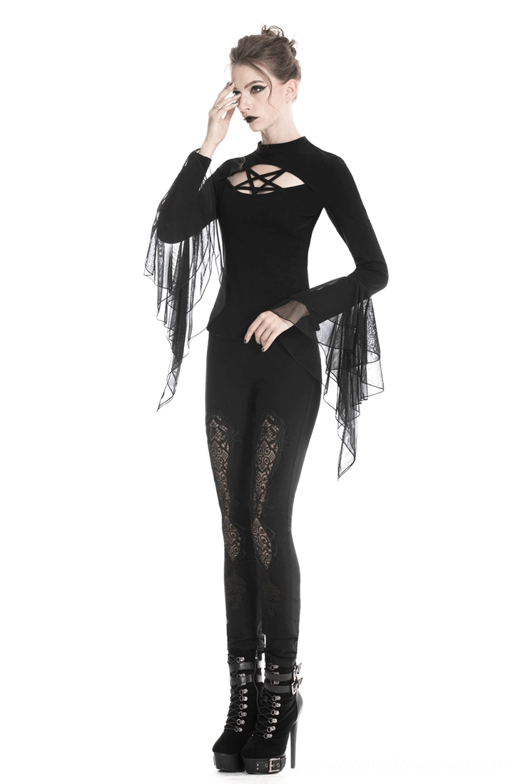 Alternative fashion black leggings with lace-up ankle and thigh lace inserts perfect for goth punk and dark aesthetic styling