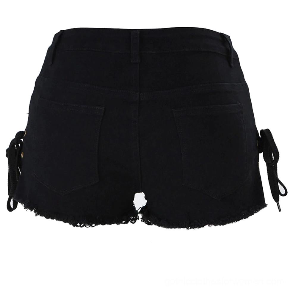 Black gothic denim shorts back view showing functional back pockets and side lacing detail