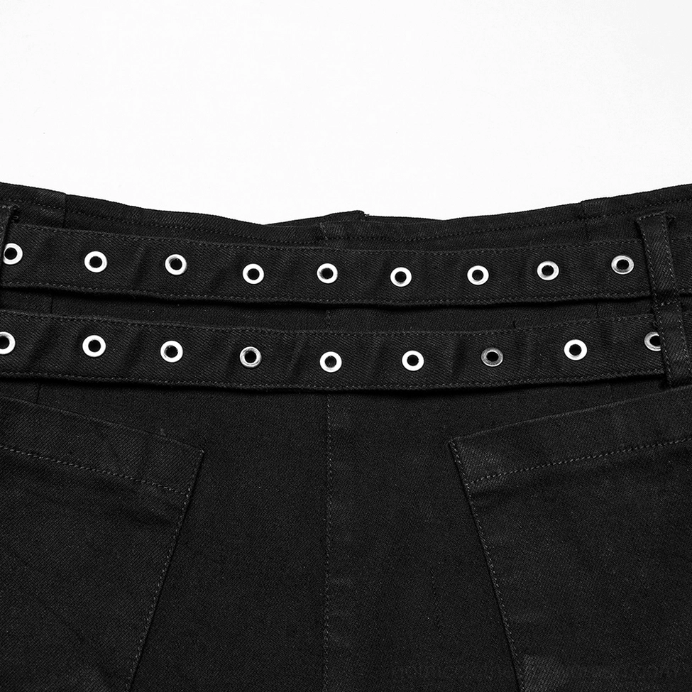 Alternative styling angle of black lace-up gothic shorts with double metal buckle belts and removable side pouches for festival wear