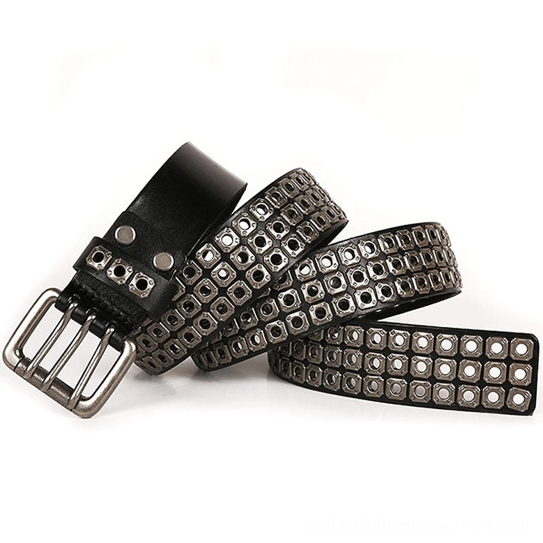 Black studded leather gothic belt flat lay showing single-prong silver buckle and symmetrical square grommet pattern