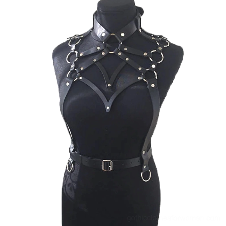 Black synthetic leather body harness front view - featuring crisscross chest straps with metal O-rings and buckles on dress form mannequin