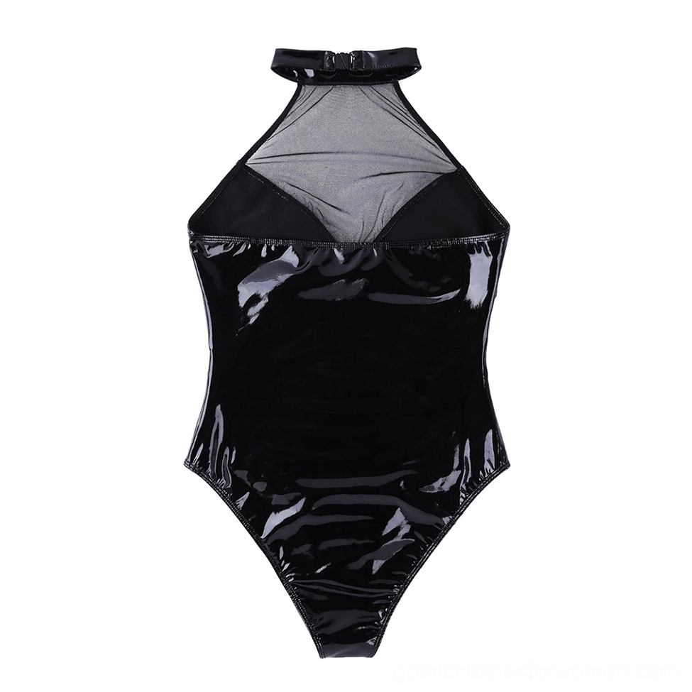 Gothic bodysuit back flat lay, backless halter construction and high-cut leg design detail