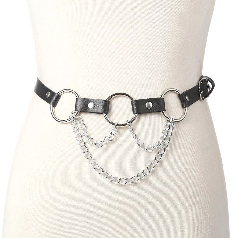 Black faux leather chain waist harness on mannequin, front side waist angle showing triple metal rings and double-layer silver chain configuration