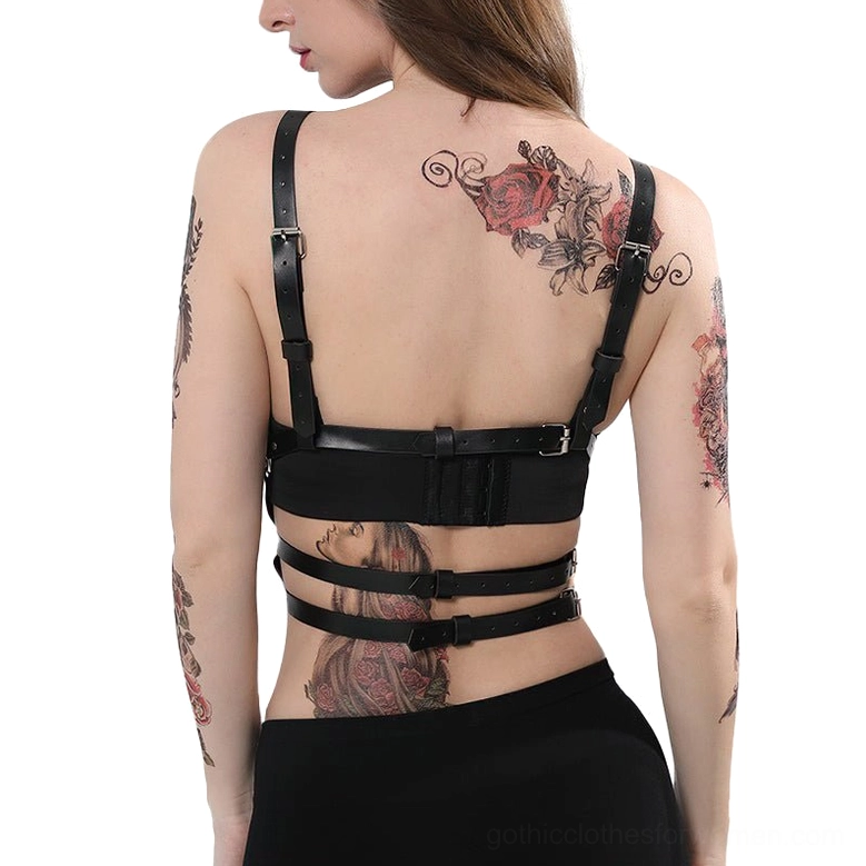 Back view of black leather body harness showing adjustable dual waist buckles and open back design