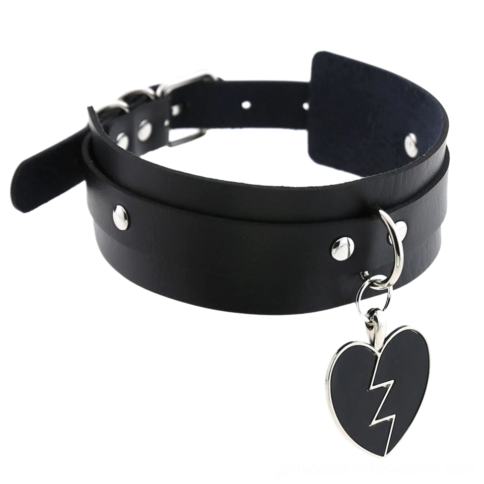 Black double-layer leather choker with adjustable buckle and lightning bolt fractured heart pendant