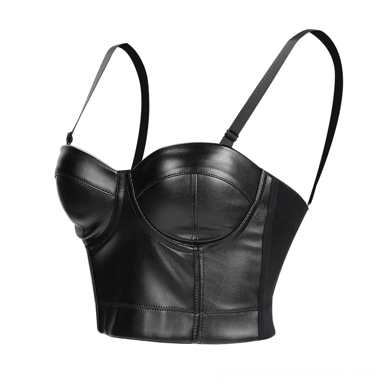 Black synthetic leather bustier bra side flat view highlighting matte finish and curved underwire support structure