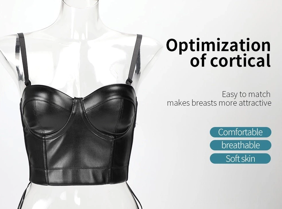 Black leather corset bustier bra flat lay front view showing push-up cup design and architectural garment structure